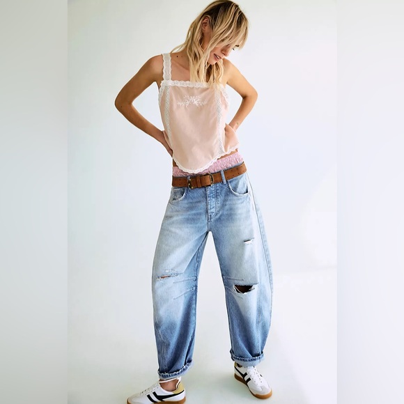 Free People We The Free Good Luck Mid-Rise Barrel Jeans in Barnyard Blue - Picture 3 of 12